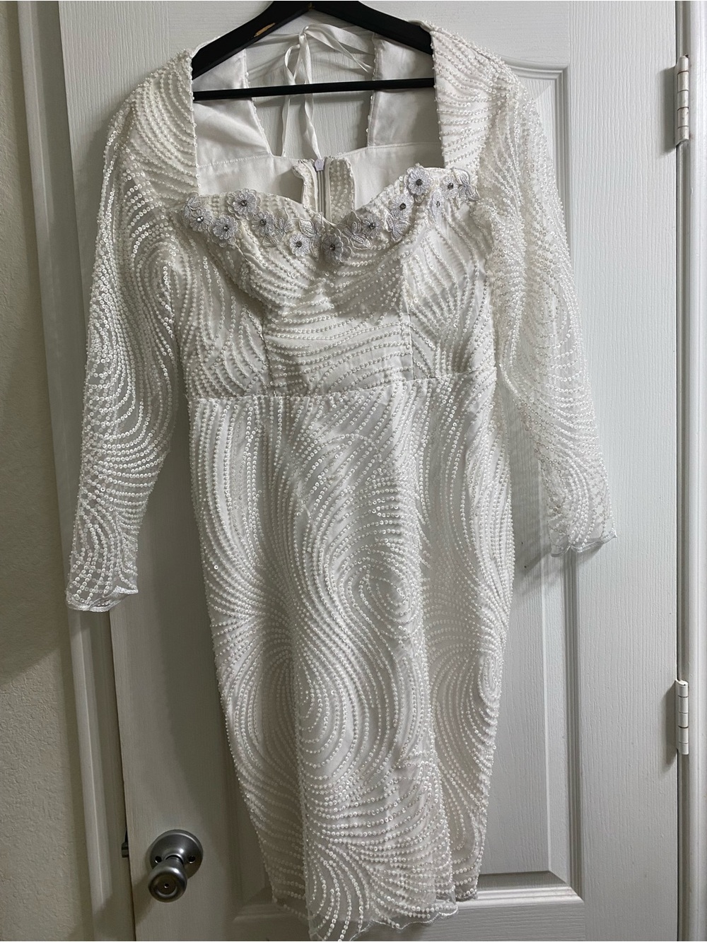 Vintage Elegant White Swirl Sequin Beaded Midi Formal Dress Long Sheer Sleeves M - Picture 2 of 16